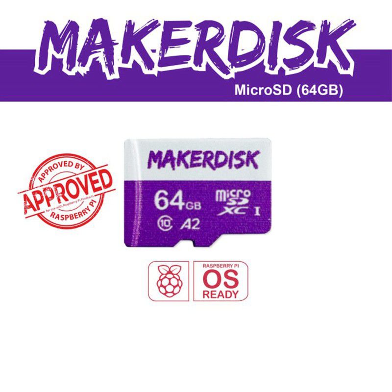 MakerDisk Class 10 A2 microSD 64GB-Preloaded Raspberry Pi OS
